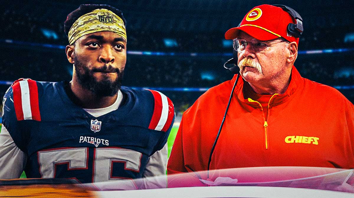 Andy Reid and Josh Uche next to Chiefs logo.