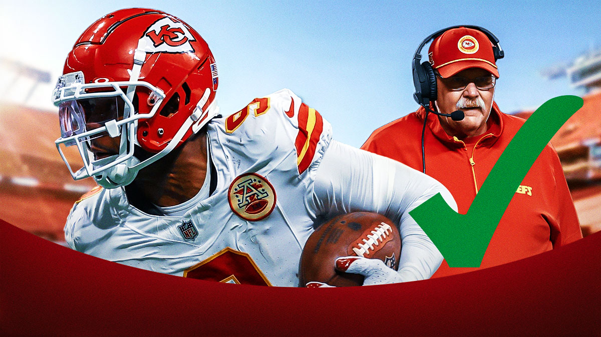 Chiefs' JuJu Smith-Schuster with a big green checkmark next to him and Andy Reid