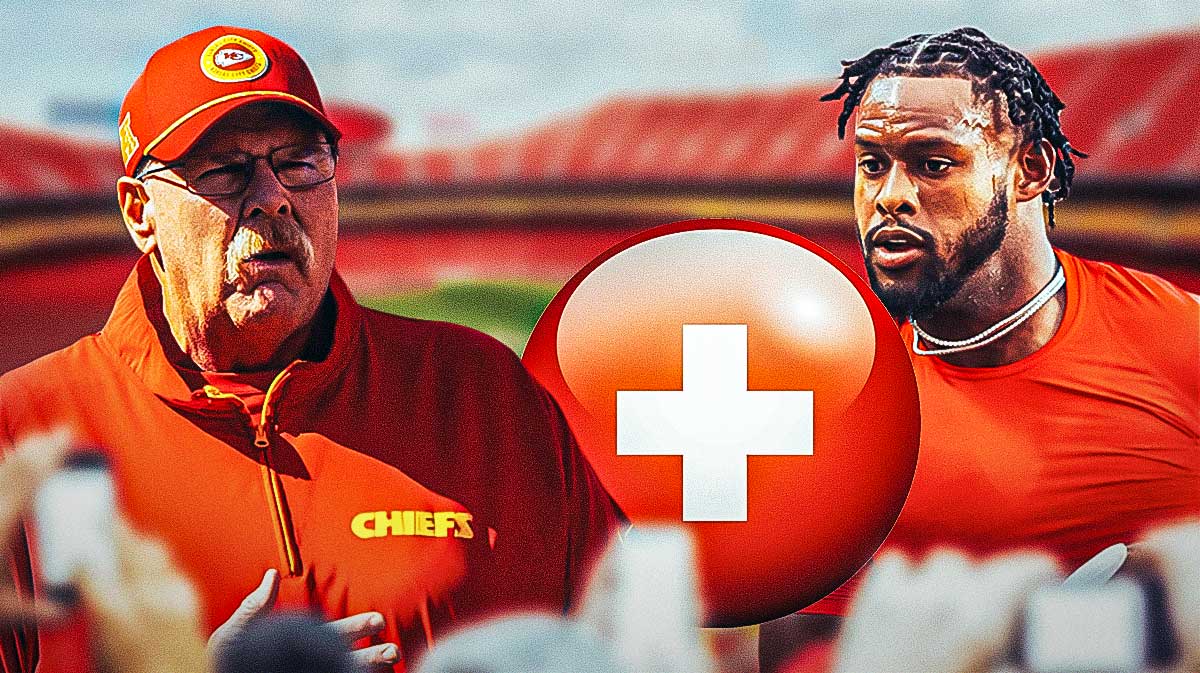 JuJu Smith-Schuster on one side with an injury kit in front of him, Andy Reid on the other side