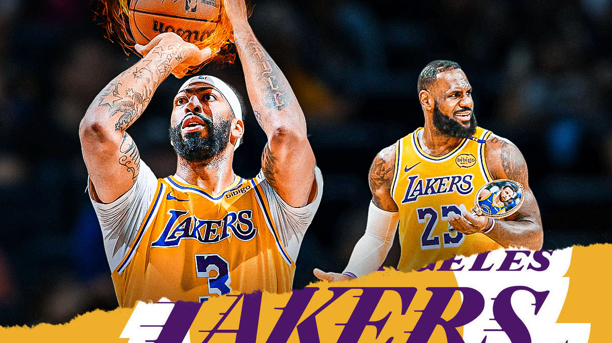 Lakers' Anthony Davis shooting a fireball, with LeBron James holding a mirror with Stephen Curry's reflection on it