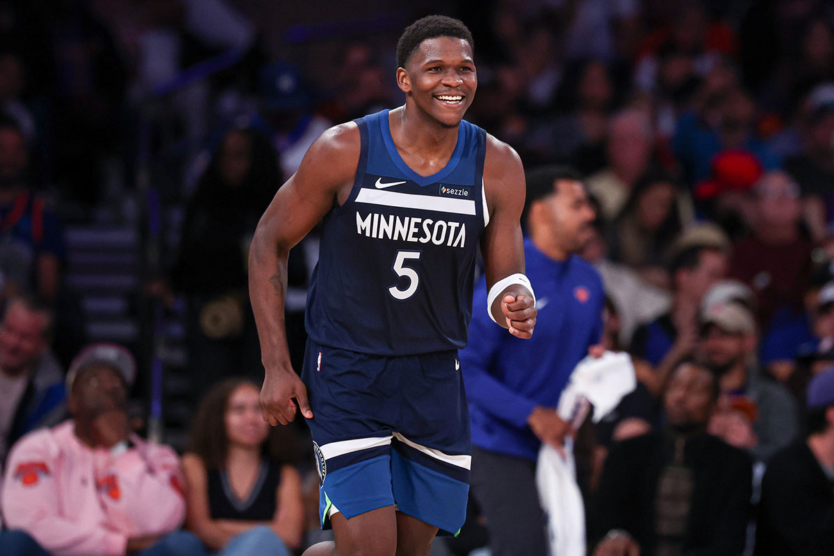 Minnesota Timberwolves guard Anthony Edwards (5) reacts after making a basket against the New York Knicks during the first half at Madison Square Garden.
