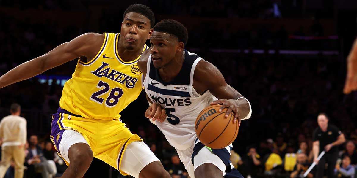 Minnesota Timberwolves guard Anthony Edwards (5) drives against Los Angeles Lakers forward Rui Hachimura (28) during the fourth quarter at Crypto.com Arena