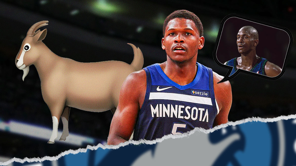 Anthony Edwards with a thought bubble that has Kevin Garnett in a Minnesota Timberwolves jersey, and next to Garnett is an equal sign with a GOAT emoji.