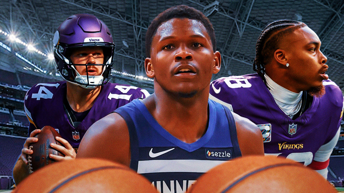 Timberwolves Anthony Edwards with Vikings Justin Jefferson and Vikings Sam Darnold