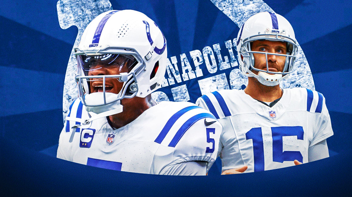 Anthony Richardson next to Joe Flacco with a Colts-themed BG.