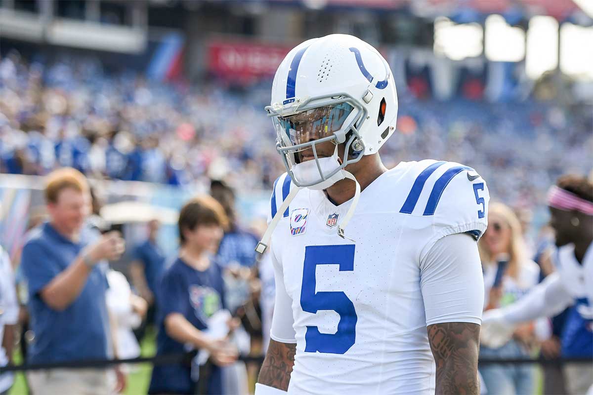 Indianapolis Colts quarterback Anthony Richardson (5) looks up into the stands as he walks off after warmups against the Tennessee Titans at Nissan Stadium.