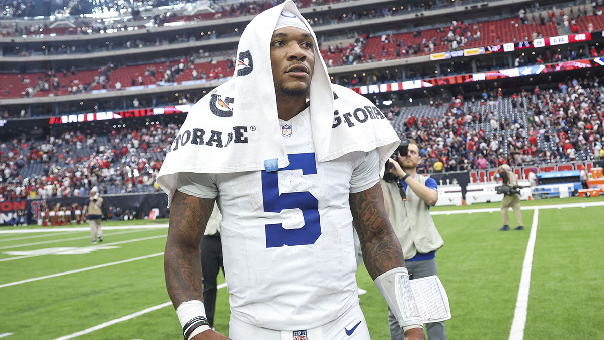 Indianapolis Colts quarterback Anthony Richardson (5) stands on the field after the game against the Houston Texans at NRG Stadium.