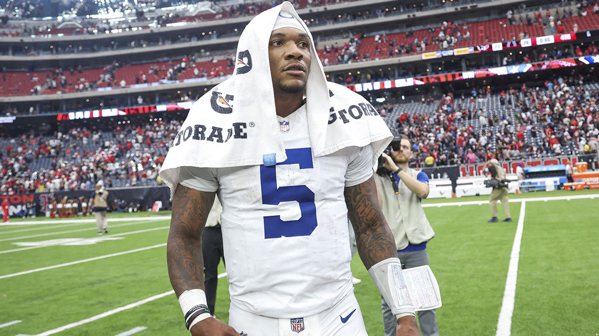 Indianapolis Colts quarterback Anthony Richardson (5) stands on the field after the game against the Houston Texans at NRG Stadium.