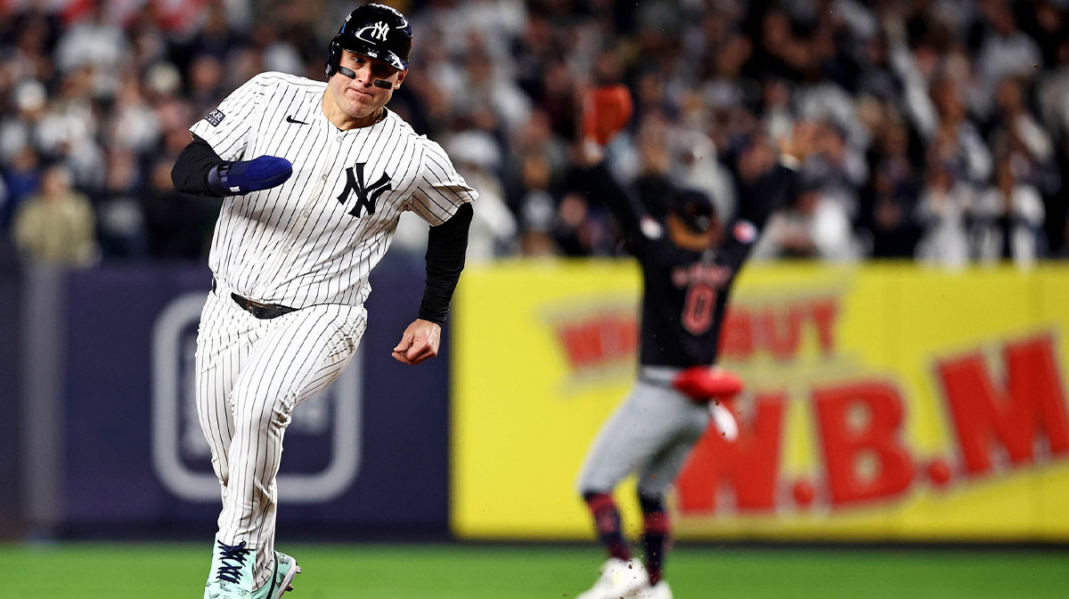 New York Yankees first base Anthony Rizzo (48) runs to third base during the second inning against the Cleveland Guardians in game one of the ALCS for the 2024 MLB Playoffs at Yankee Stadium.