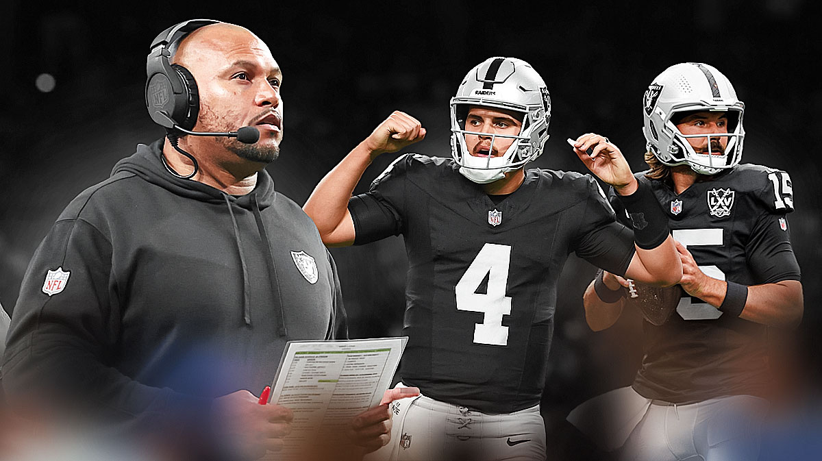 Raiders coach Antonio Pierce looking at Aidan O'Connell and Gardner Minshew.