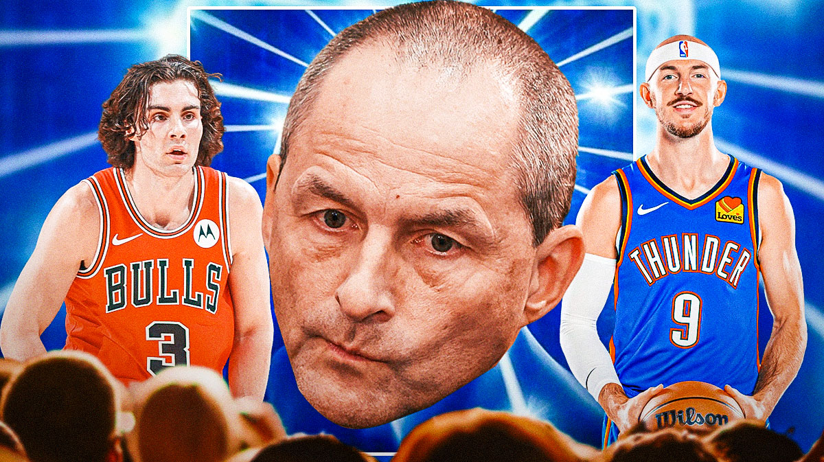 ulls' Arturas Karnisovas in the galaxy brain meme, with Josh Giddey (Chicago jersey) and Alex Caruso (Thunder jersey) beside him