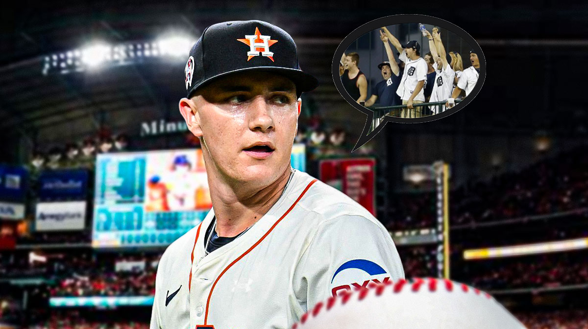 Astros' Hunter Brown with a thought bubble thinking about when he was a Tigers fan