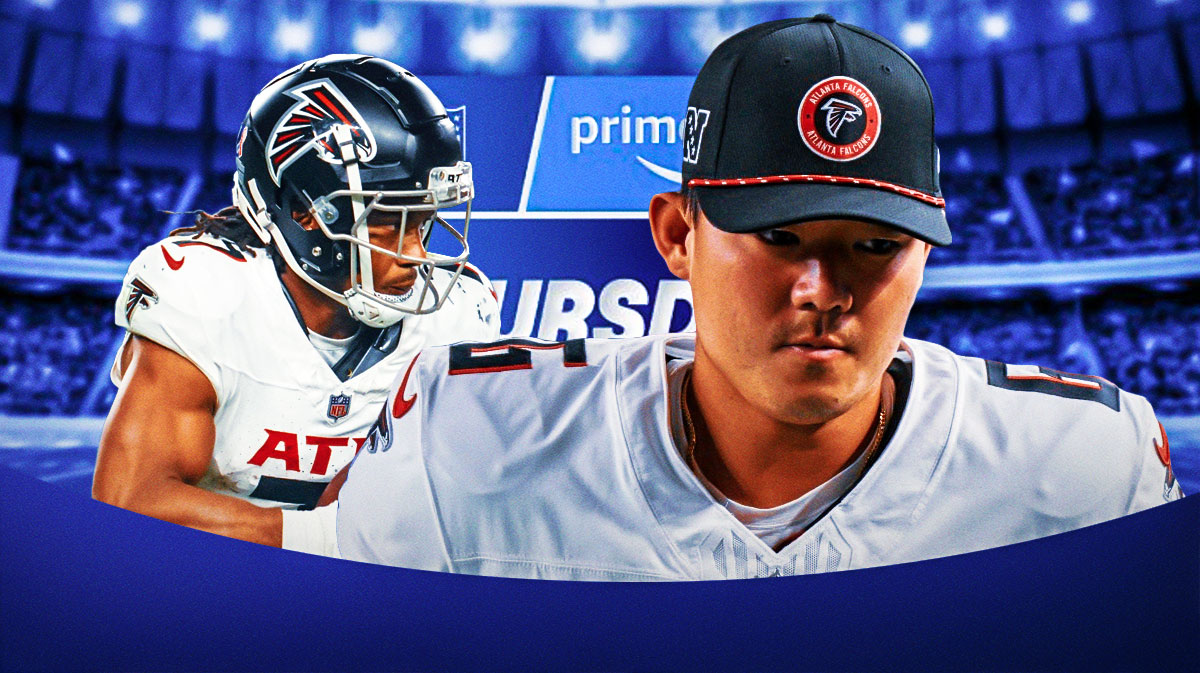 Falcons' Youngwoe Koo and Bijan Robinson with NFL on Amazon Thursday Night Football logo