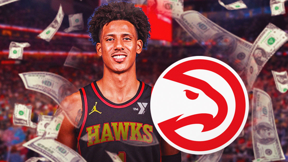 Hawks Jalen Johnson looking excited/fired up next to a Hawks logo. Include money all around the image. Background is State Farm Arena,