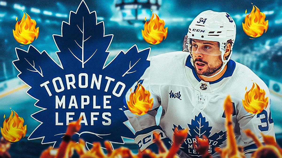 Auston Matthews with fire around him looking happy, Toronto Maple Leafs logo, hockey rink in background