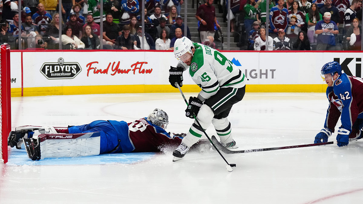 Dallas Stars center Matt Duchene (95) attempts on Colorado Avalanche goaltender Alexandar Georgiev (40) in double overtime period in game six of the second round of the 2024 Stanley Cup Playoffs at Ball Arena.