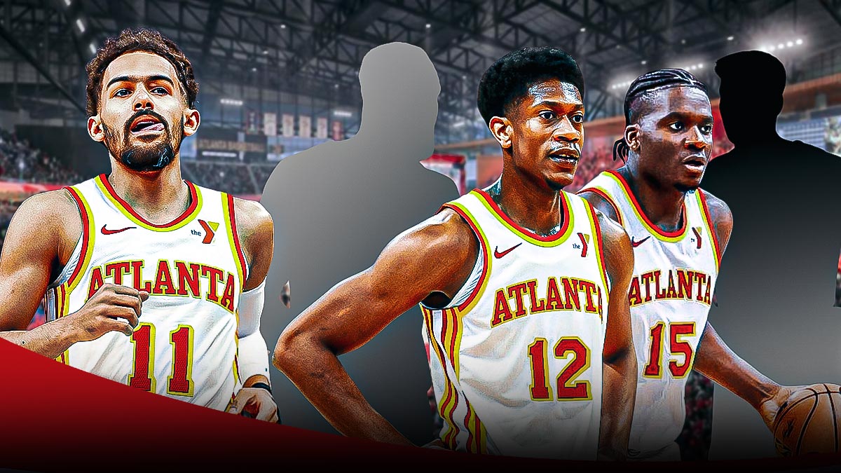 Hawks' Trae Young looking at De'Andre Hunter and Clint Capela, with silhouettes of Bogdan Bogdanovic and Larry Nance Jr. beside Hunter and Capela