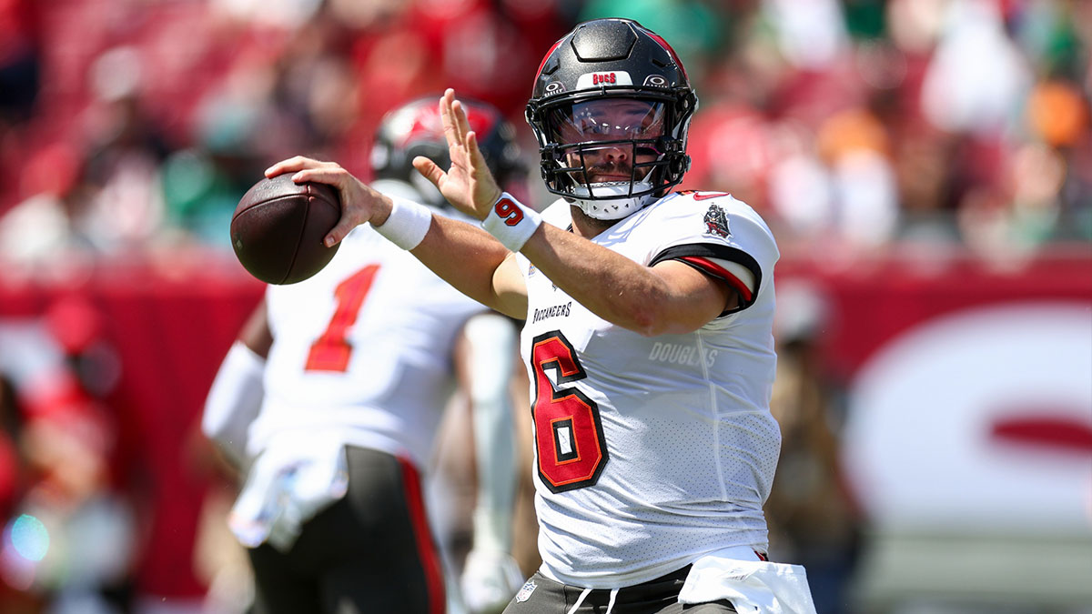 Tampa Bay Buccaneers quarterback Baker Mayfield (6) drops back to pass against the Philadelphia Eagles in the first quarter at Raymond James Stadium. 