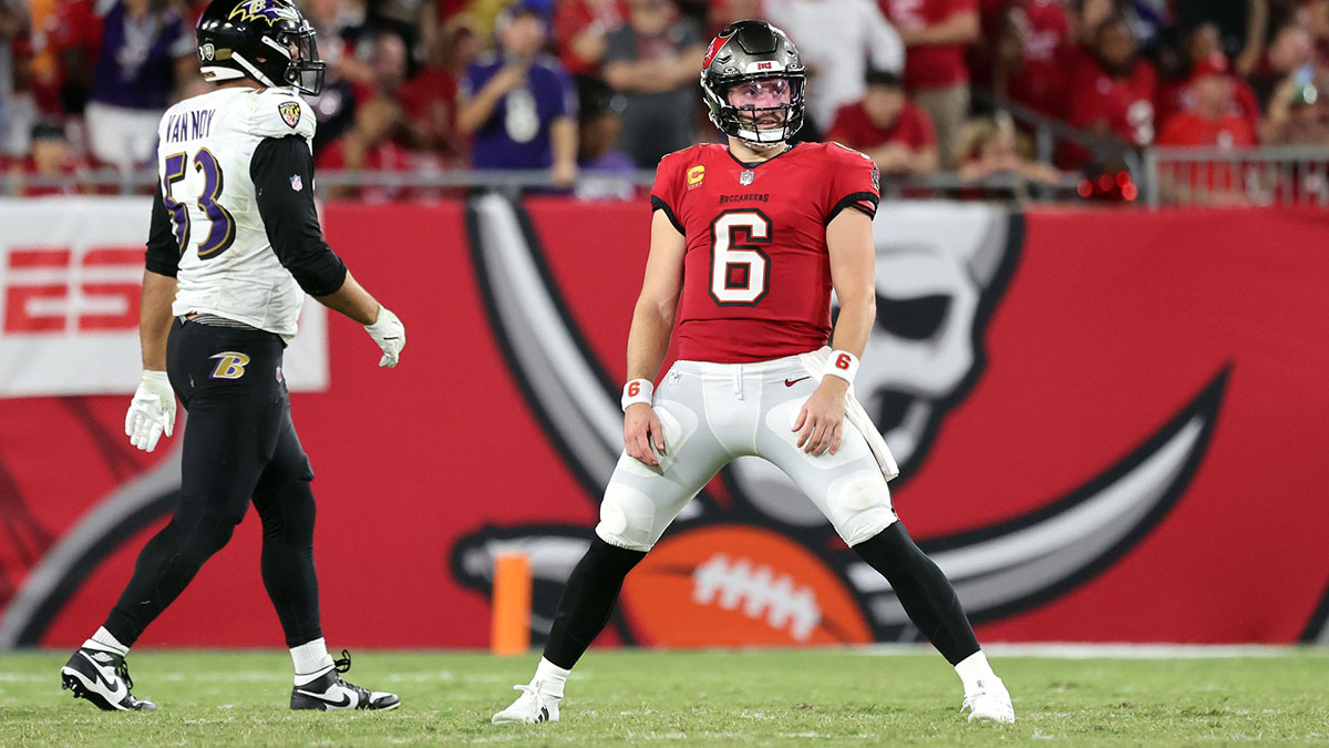 Tampa Bay Buccaneers quarterback Baker Mayfield (6) reacts after he threw the ball for an interception against the Baltimore Ravens during the first half at Raymond James Stadium.