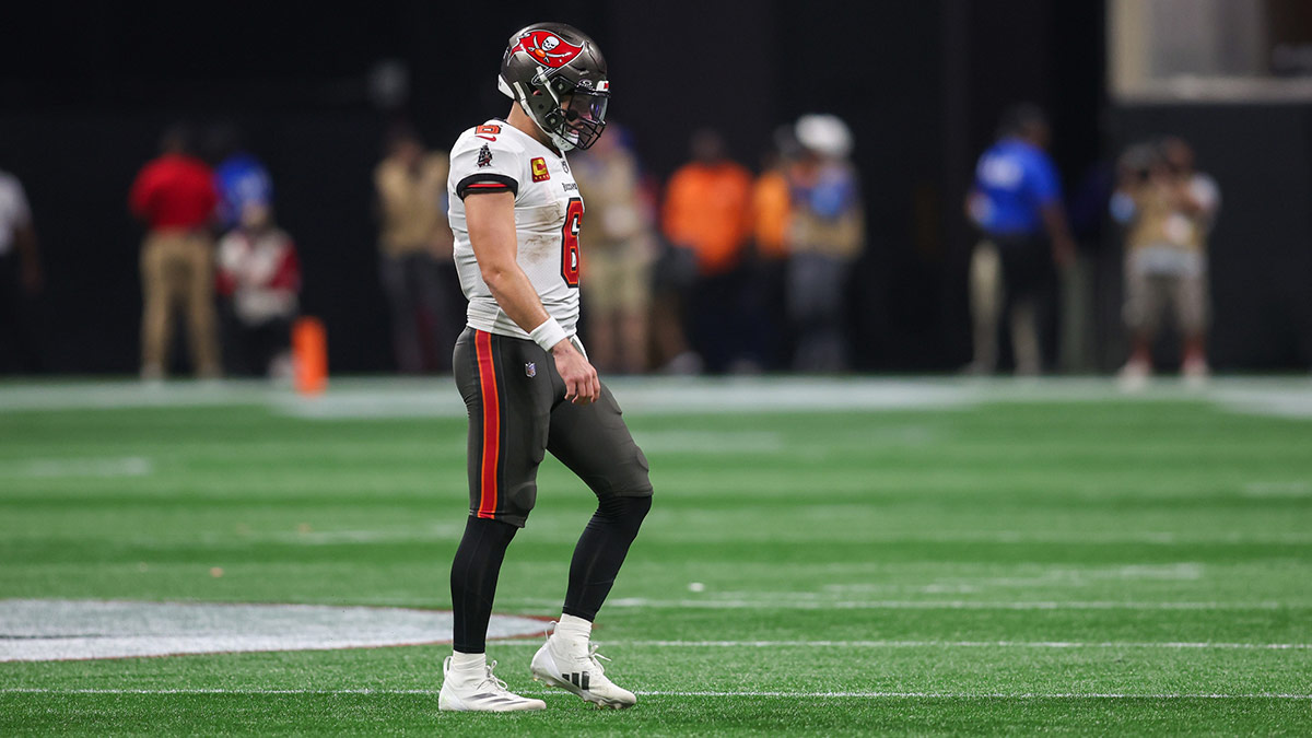 Tampa Bay Buccaneers quarterback Baker Mayfield (6) in action against the Atlanta Falcons in the fourth quarter at Mercedes-Benz Stadium.