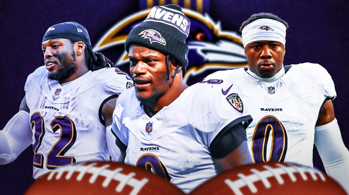 Baltimore Ravens QB Lamar Jackson with RB Derrick Henry and LB Roquan Smith. There is also a logo for the Baltimore Ravens.