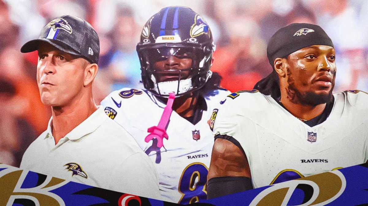Ravens Jim Harbaugh, Lamar Jackson and Derrick Henry.