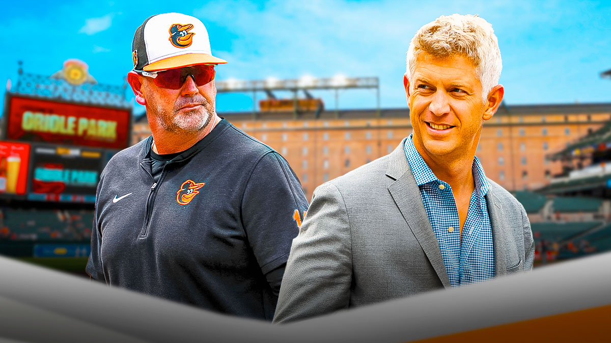 Orioles manager Brandon Hyde, general manager Mike Elias and Oriole Park at Camden Yards behind them