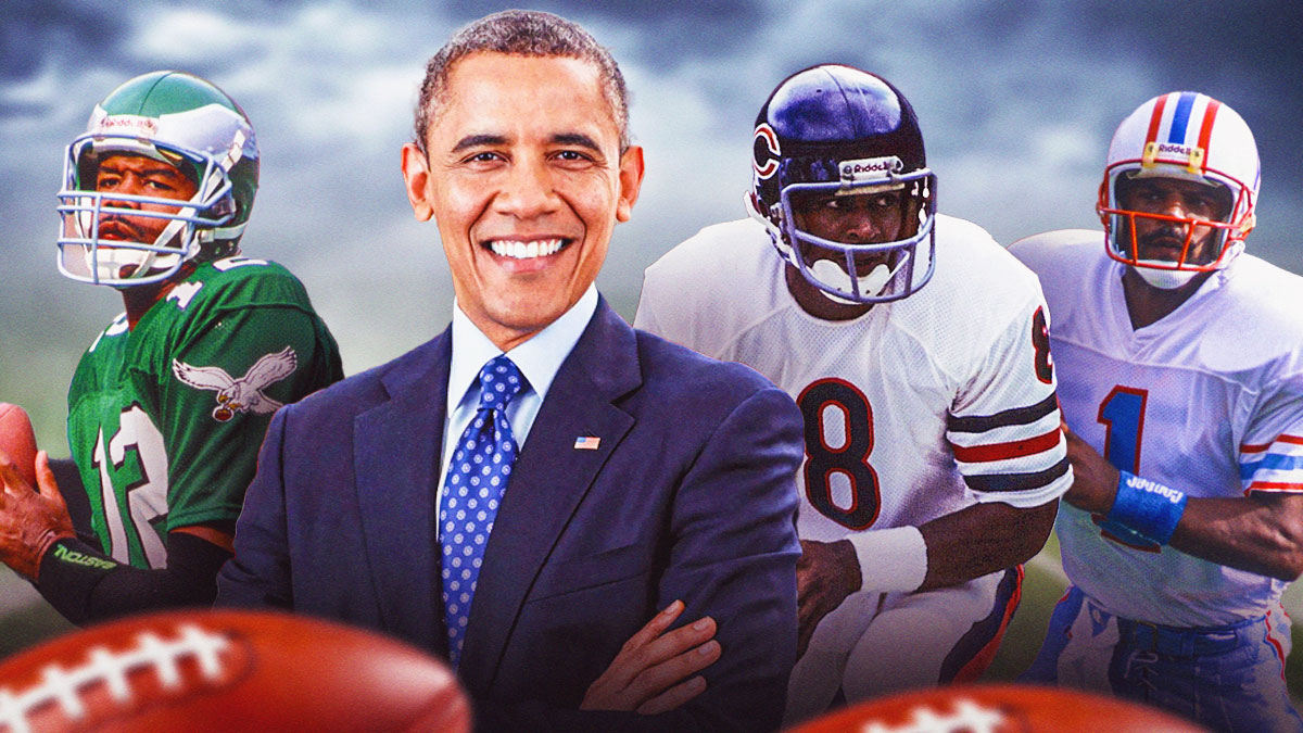 Barack Obama in foreground and in background Eagles' Randall Cunningham, Oilers' Warren Moon, Bears' Vince Evans