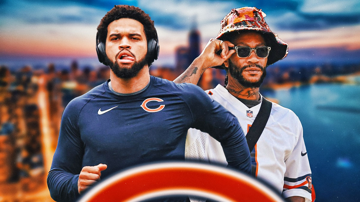 Image: Bears quarterback Caleb Williams next to Bulls legend Derrick Rose (in 2023 or 2024) with the Chicago Skyline in the background