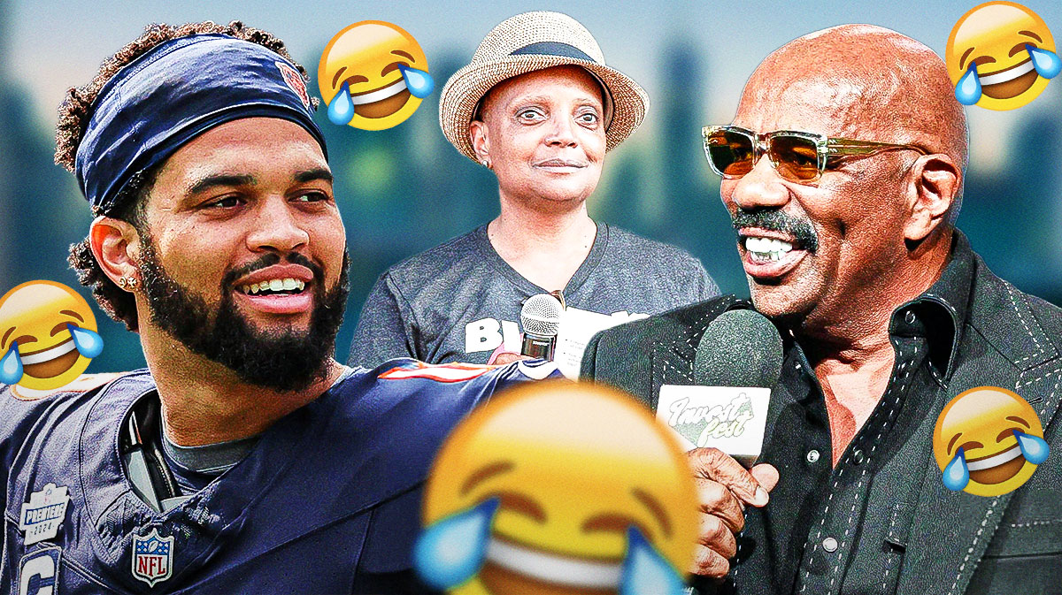 Bears' Caleb Williams next to Steve Harvey and Lori Lightfoot with lots of laugh emojis 🤣😂