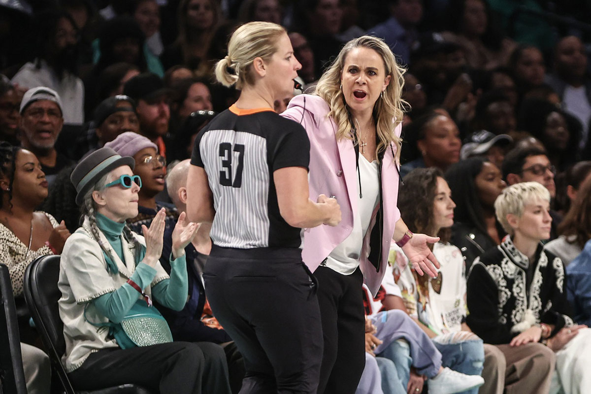 Las Vegas Aces head coach Becky Hammon argues with an official in the second quarter against the New York Liberty during game two of the 2024 WNBA Semi-finals