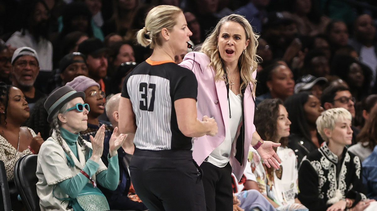 Oct 1, 2024; Brooklyn, New York, USA; Las Vegas Aces head coach Becky Hammon argues with an official in the second quarter against the New York Liberty during game two of the 2024 WNBA Semi-finals at Barclays Center. Mandatory Credit: Wendell Cruz-Imagn Images