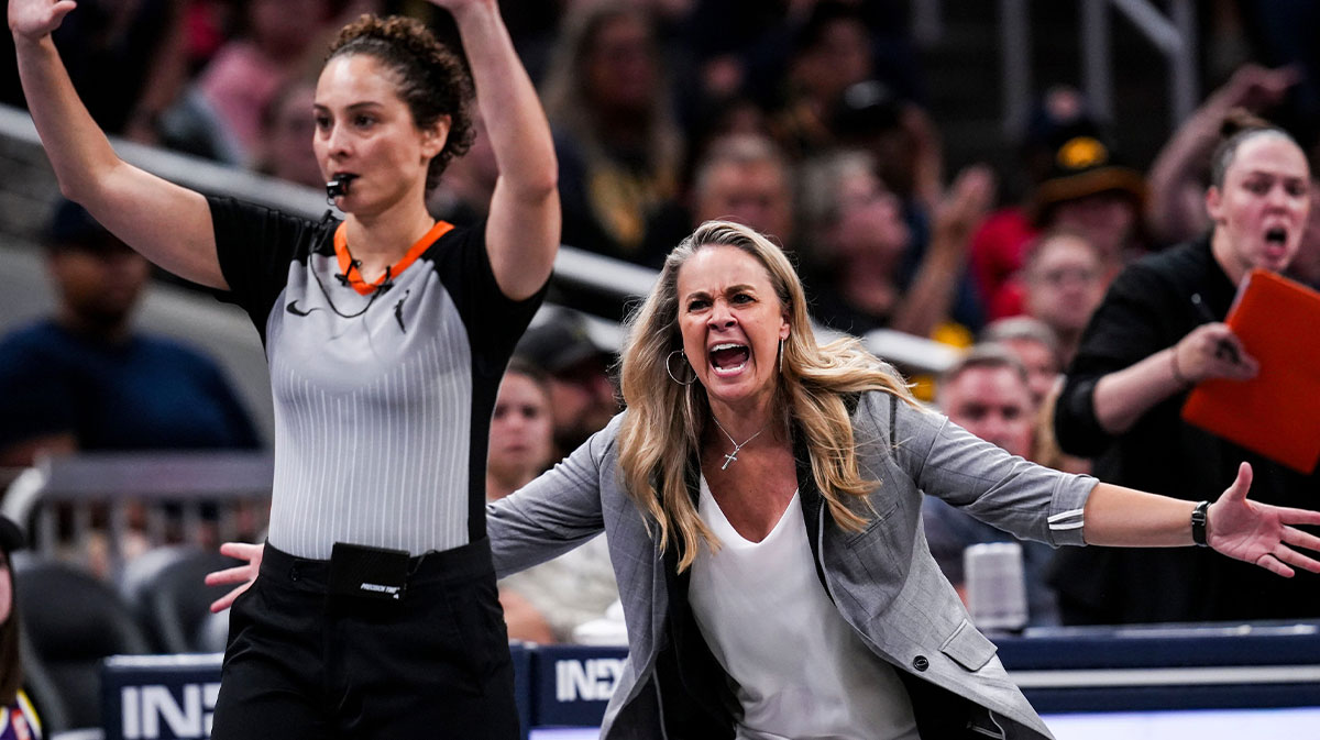 Las Vegas Aces head coach Becky Hammon yells at an official Wednesday, Sept. 11, 2024, during a game between the Indiana Fever and the Las Vegas Aces at Gainbridge Fieldhouse in Indianapolis. The Aces defeated the Fever, 86-75. The Liberty are on the verge of sweeping the Aces in the semifinals of the 2024 WNBA Playoffs