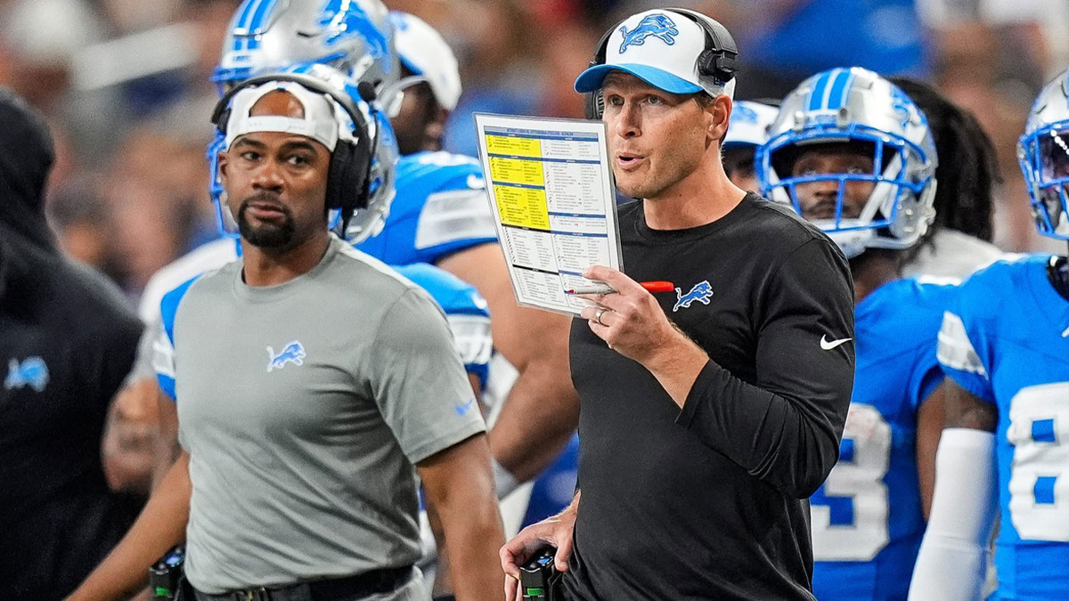 Detroit Lions offensive coordinator Ben Johnson calls a play against Pittsburgh Steelers during the first half of a preseason game at Ford Field in Detroit on Saturday, August 24, 2024.