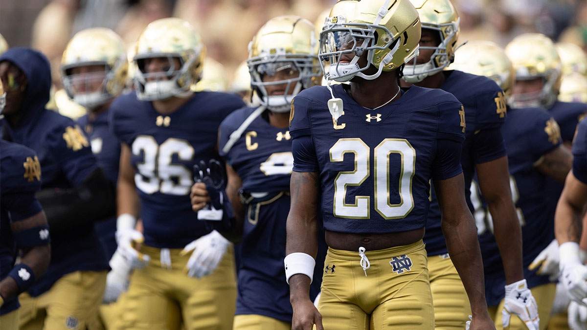 Notre Dame corner back Benjamin Morrison (20) walks with his team during warm ups before a NCAA college football game between Notre Dame and Northern Illinois at Notre Dame Stadium on Saturday, Sept. 7, 2024, in South Bend.