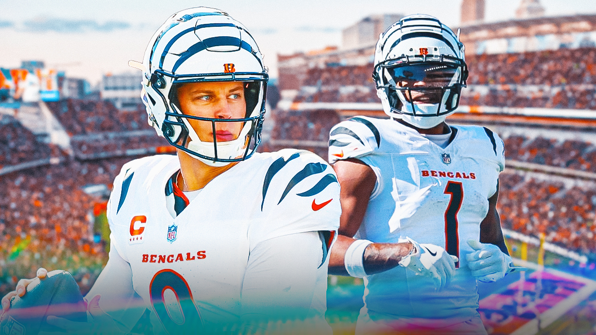 Joe Burrow in Cincinnati Bengals jersey with serious/disappointed face, Ja'Marr Chase in Bengals jersey with serious/disappointed face