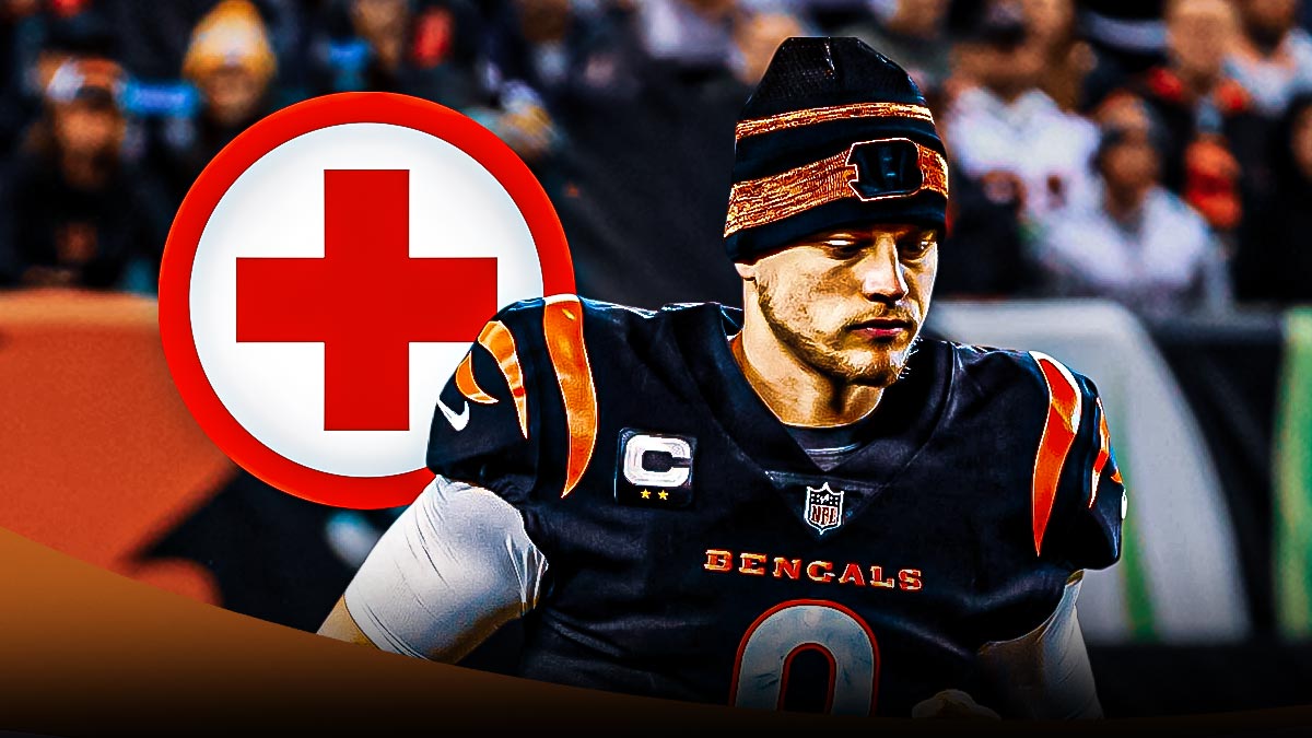 Joe Burrow in a Cincinnati Bengals uniform with a red and white first aid symbol as the Bengals announced that Burrow has a new injury ahead of the week 7 browns game.