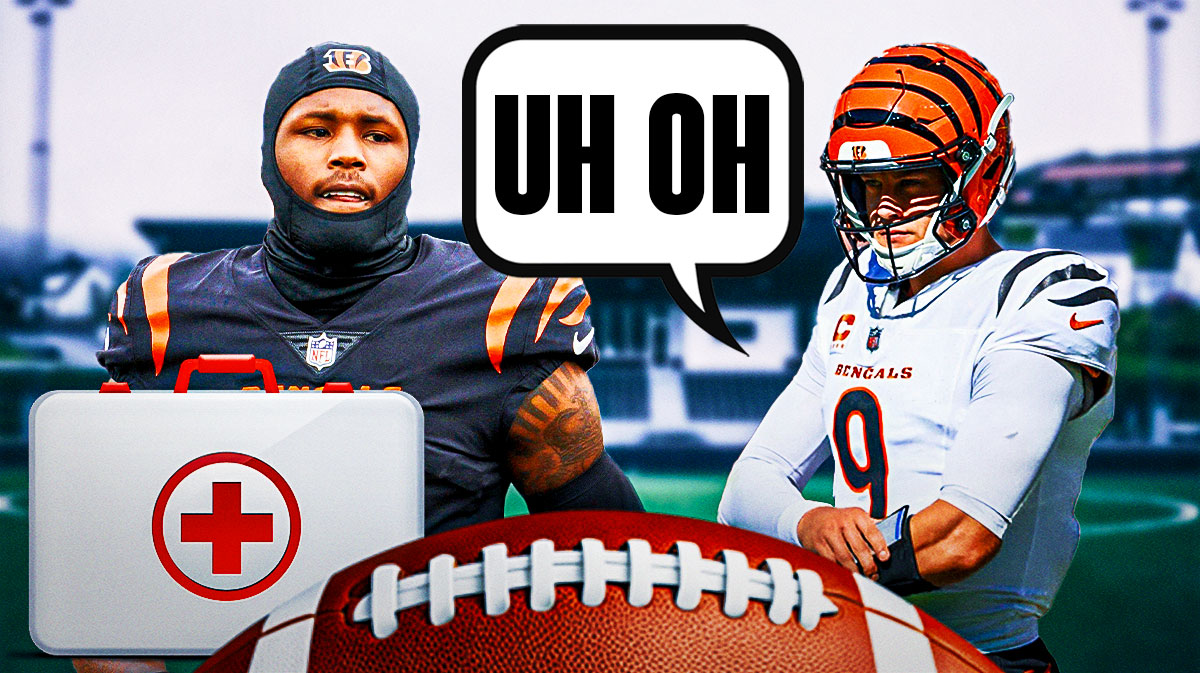 Tee Higgins on one side with an injury kit in front of him, Joe Burrow on the other side with a speech bubble that says "Uh oh"