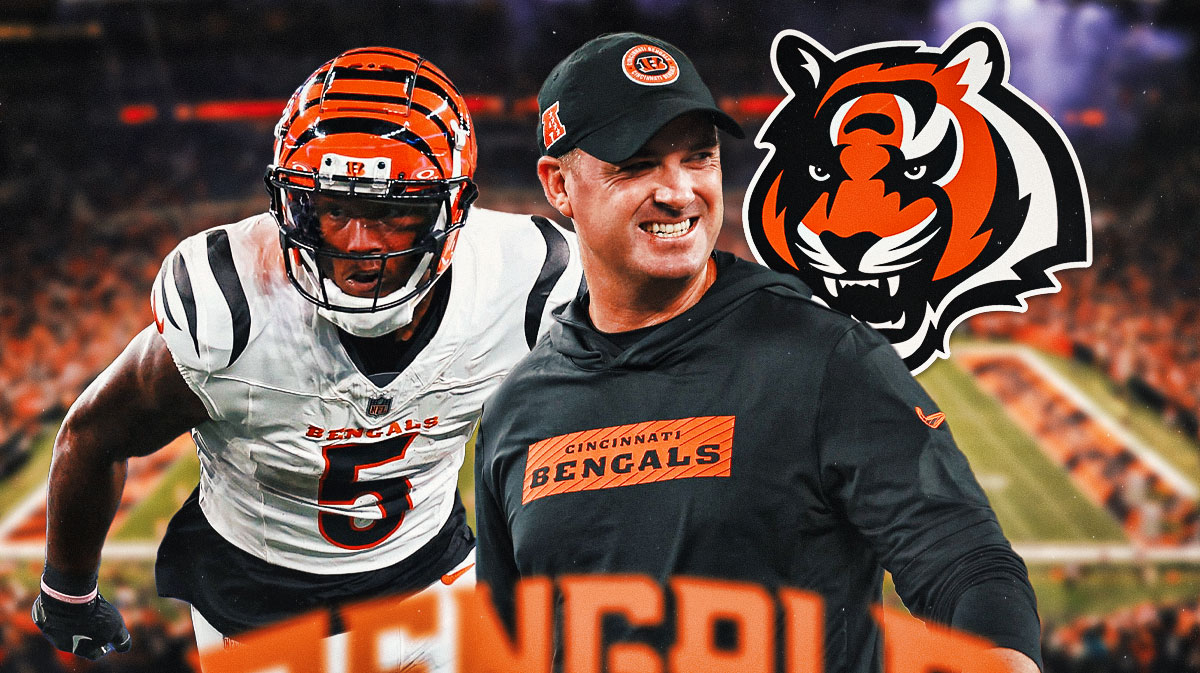 Bengals' Tee Higgins next to Bengals head coach Zac Taylor & the Bengals logo