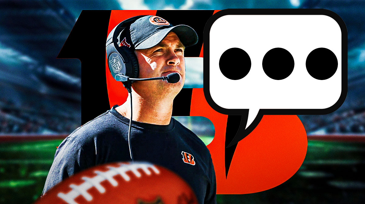 Cincinnati Bengals coach Zac Taylor with a speech bubble that has the three dots emoji inside. There is also a logo for the Cincinnati Bengals.