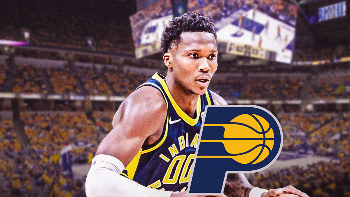 Bennedict Mathurin with the Pacers logo.