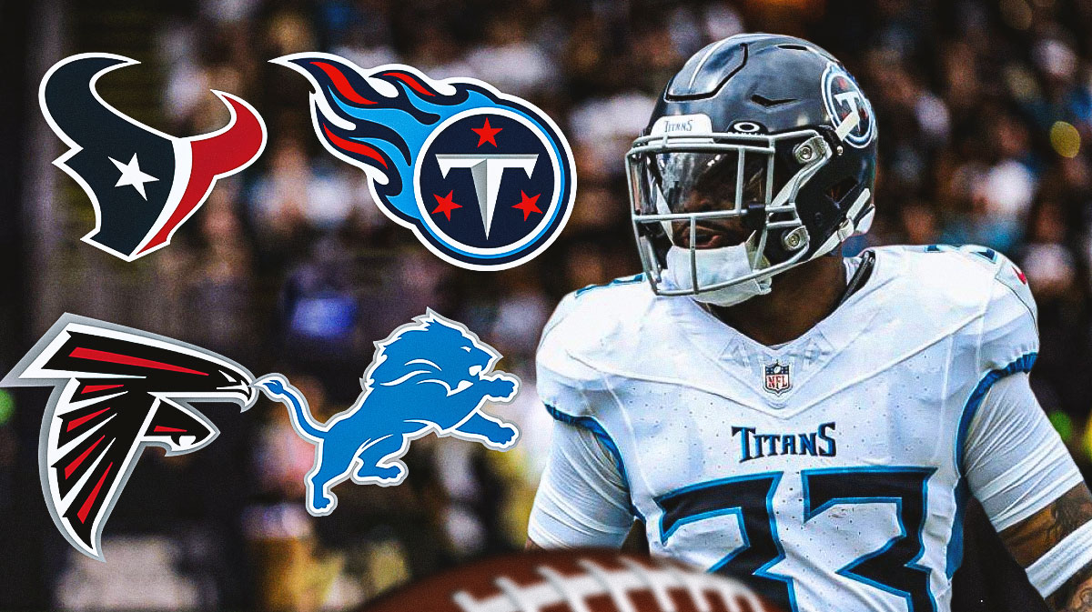 Titans safety Jamal Adams next to the Texans, Falcons & Lions logos