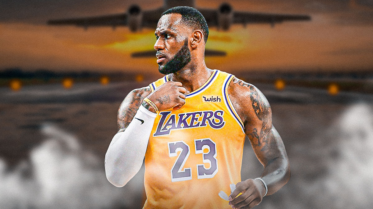 Lakers forward LeBron James complaining with an airplane in the background