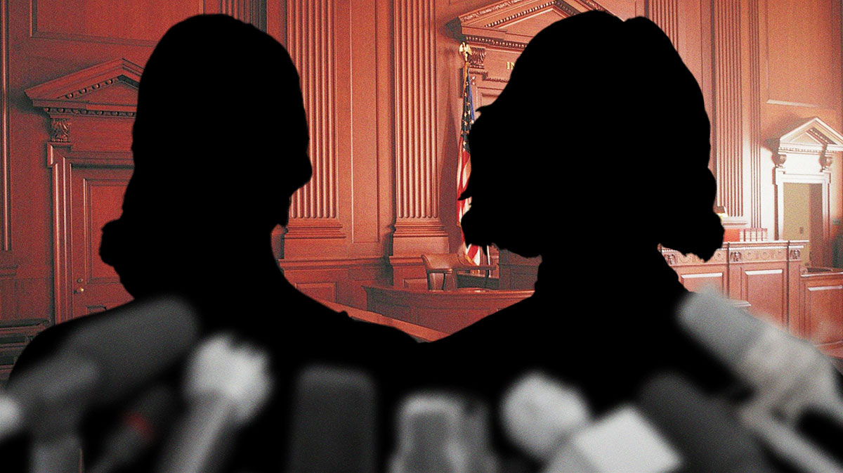 Silhouettes of Night Court and Big Bang Theory stars Melissa Rauch and Mayim Bialik with courthouse background.