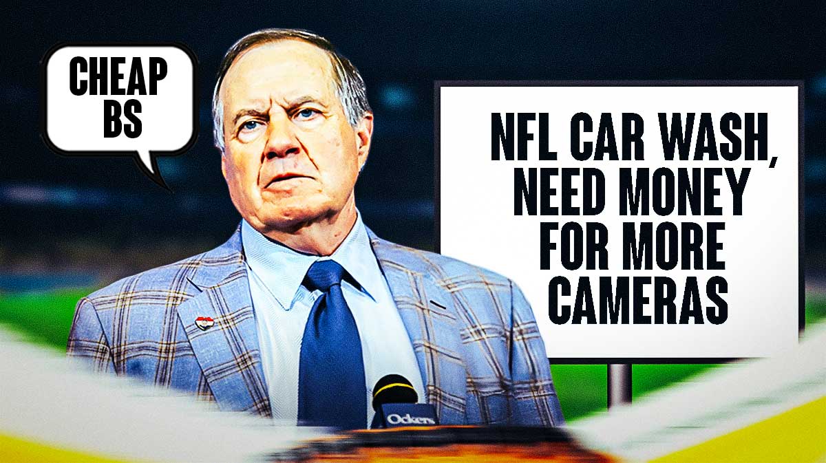 Bill Belichick with a text bubble that says CHEAP BS and a sign behind him that says NFL CAR WASH, NEED MONEY FOR MORE CAMERAS