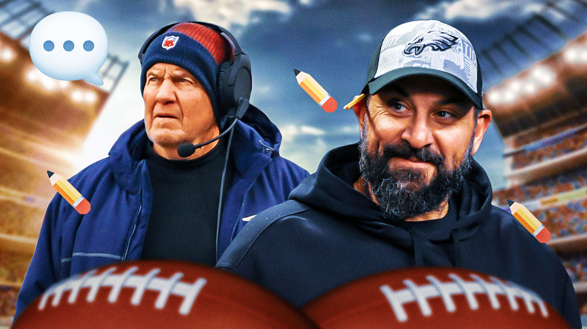 Former NFL coaches Matt Patricia with Bill Belichick who has a speech bubble with the three dots emoji inside. They are surrounded by pencil (✏️) emojis.