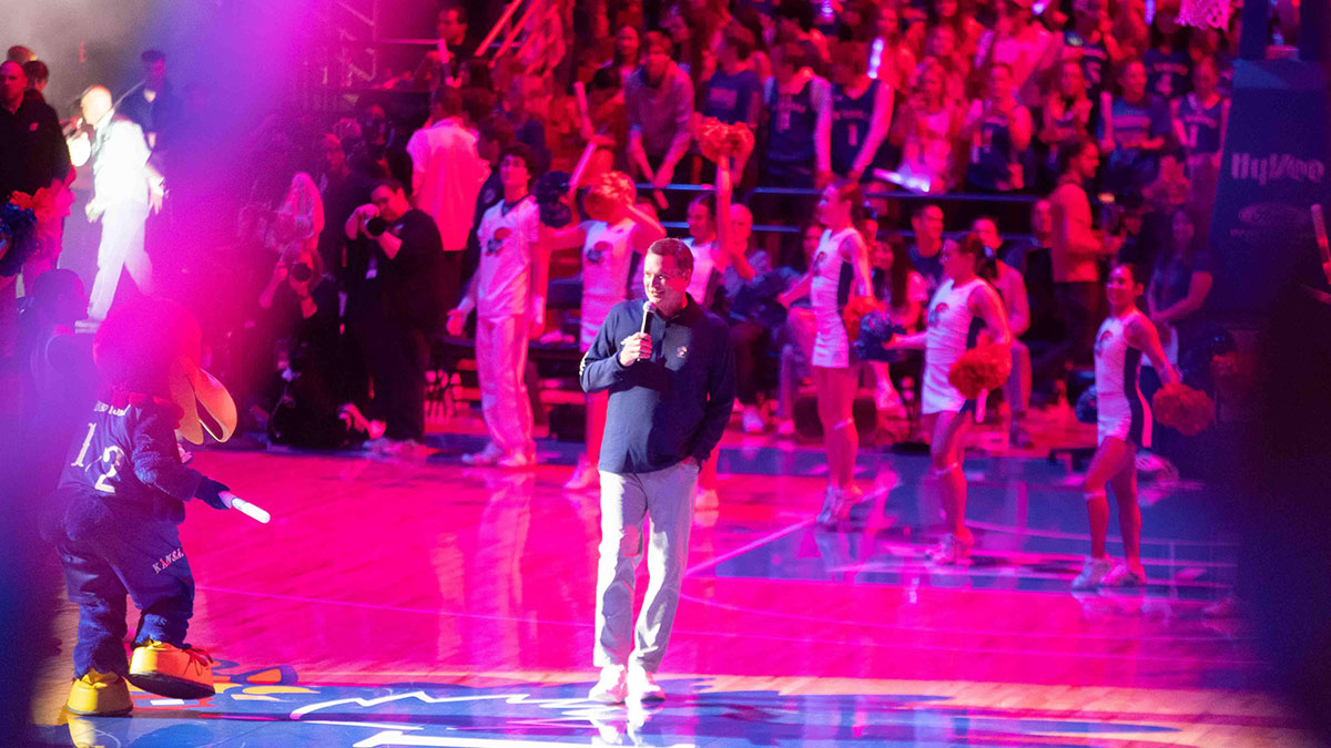 Kansas men's basketball coach Bill Self walks on to the court during Late Night in the Phog