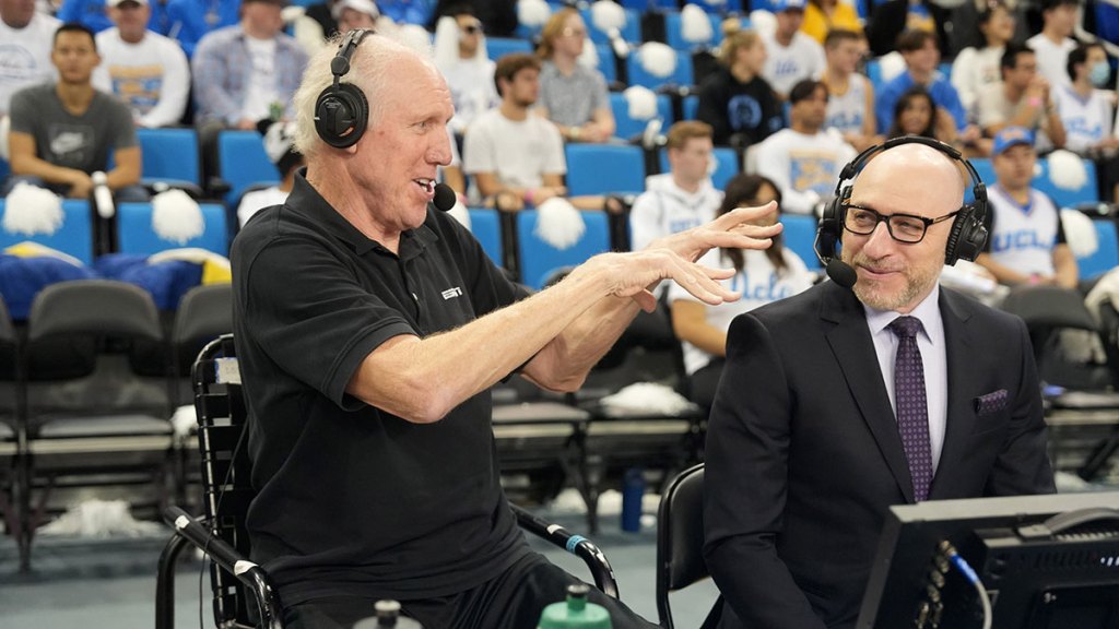 ESPN analyst Bill Walton (left) and play-by-play announcer Dave Pasch during the game between the UCLA Bruins and the Maryland Terrapins at Pauley Pavilion presented by Wescom.
