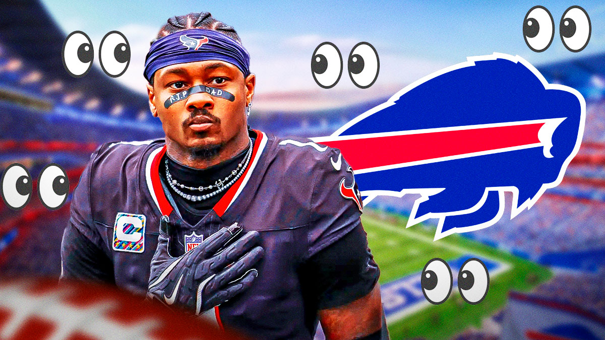 Stefon Diggs on one side, the Buffalo Bills logo on one side, a bunch of the big eyes emojis in the background