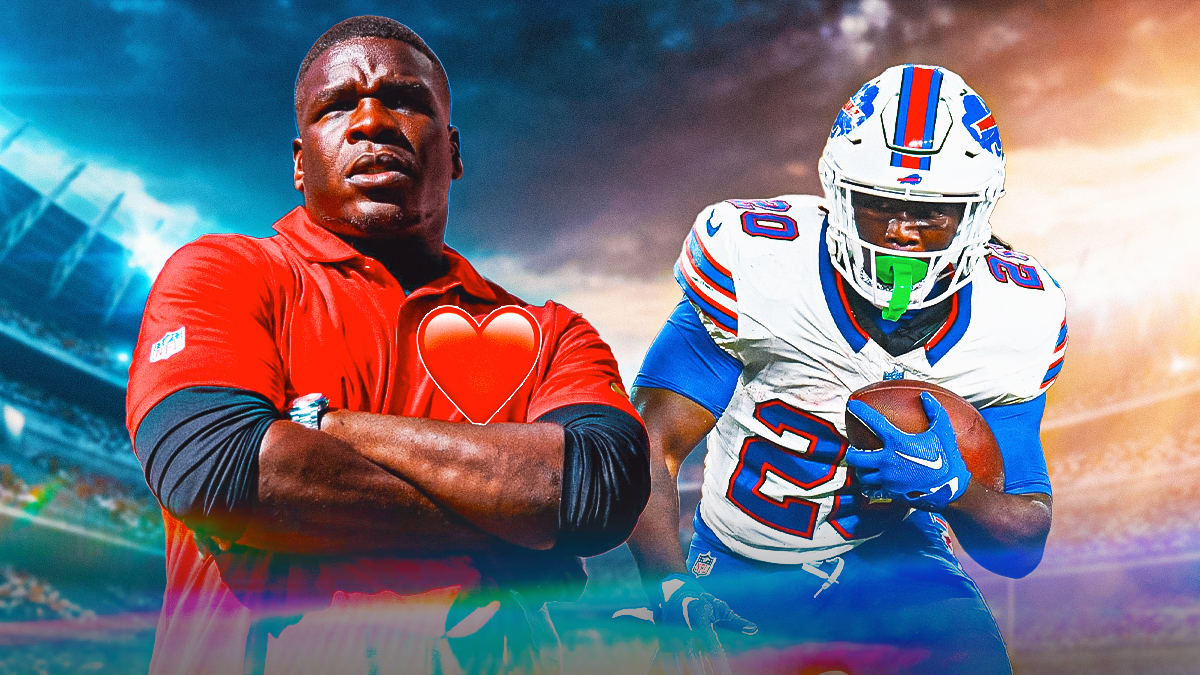 Frank Gore Sr. with a big red heart on his chest and Frank Gore Jr. in a Buffalo Bills uniform as Gore Sr. is watching his son Gore Jr. make his NFL debut.